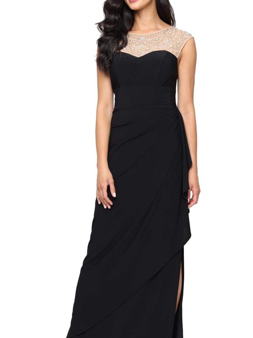 Alex Evenings Black Maxi Gown with Beaded Illusion Yoke